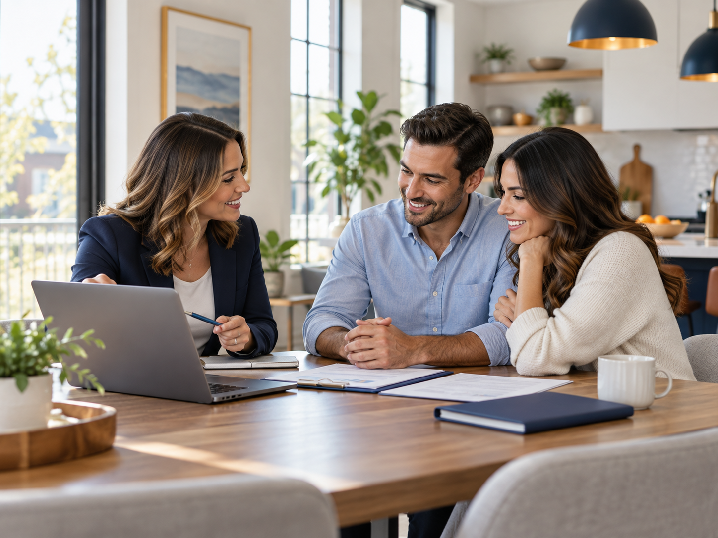 Mortgage broker meeting with homebuyers to review loan options at a kitchen table